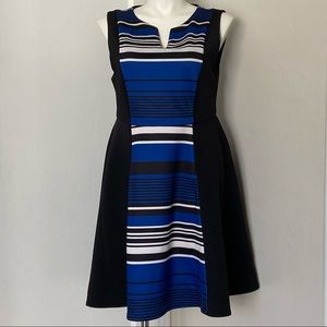 Blue, black & white stripe sleeveless scuba skater dress